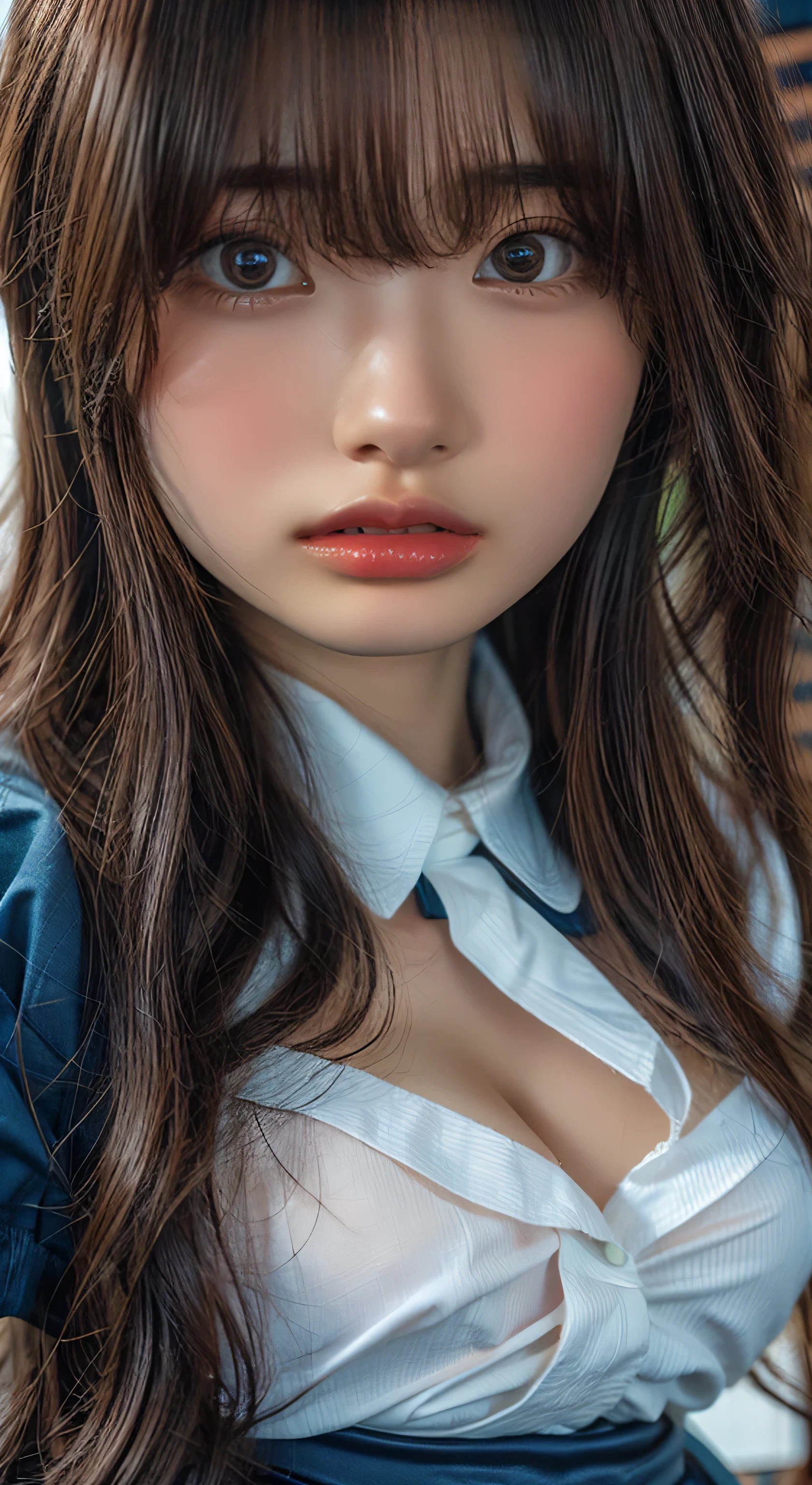 (Highest quality、Tabletop、、Best image quality、Award-winning works)、Extremely cute and lewd high school girl、White polyester collared shirt ripped because her breasts were too big、Short sleeve:1.4)、(Navy Pleated Skirt:1.1)、Girl portrait photography、Glowing Skin、Brown Hair、Are standing、View your viewers、Sculpture Pose、(Classroom Background:1.45)、(Large Breasts:1.8)、Accentuate your body lines:1.1)、Very large red ribbon tie、Very long hair:1.75、((Face after being raped by a man:1.))