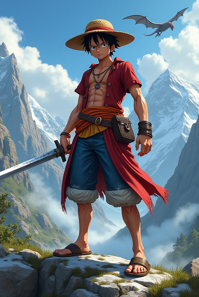 Luffy do anime one piece misturado com the elders scrolls skyrim em pose de guerreiro espadachim 