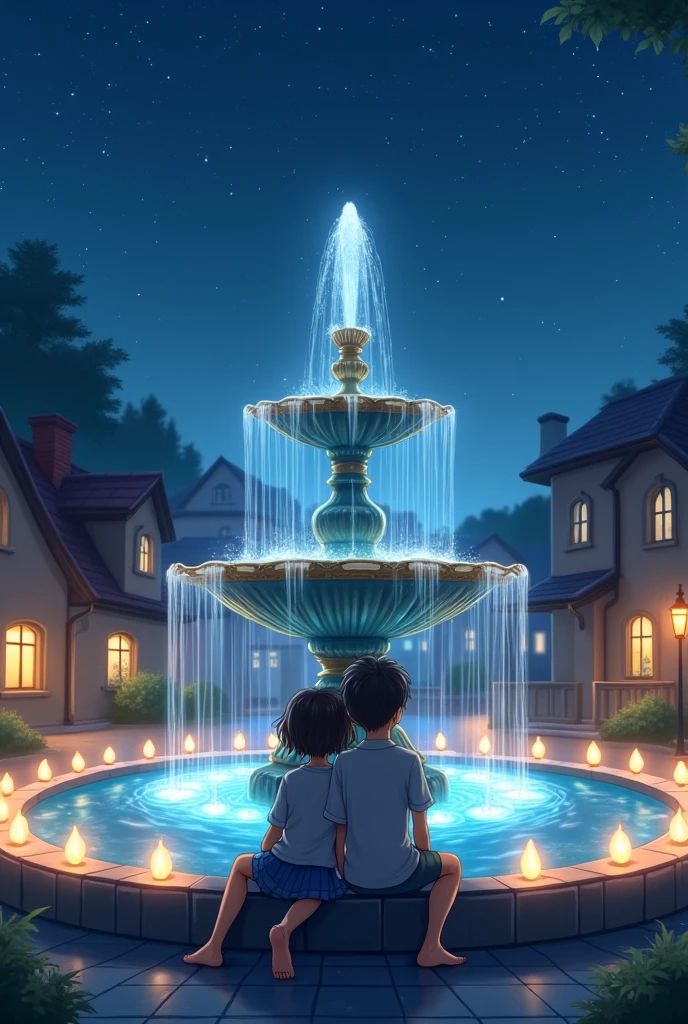 Make a water fountain with houses around it, at night and with lights around the fountain, Now to that fountain add a girl sitting on the edge of the fountain looking at the sky with her back to the sky. Now to that fountain add a boy looking at the sky., and the girl rests her head on his shoulder 