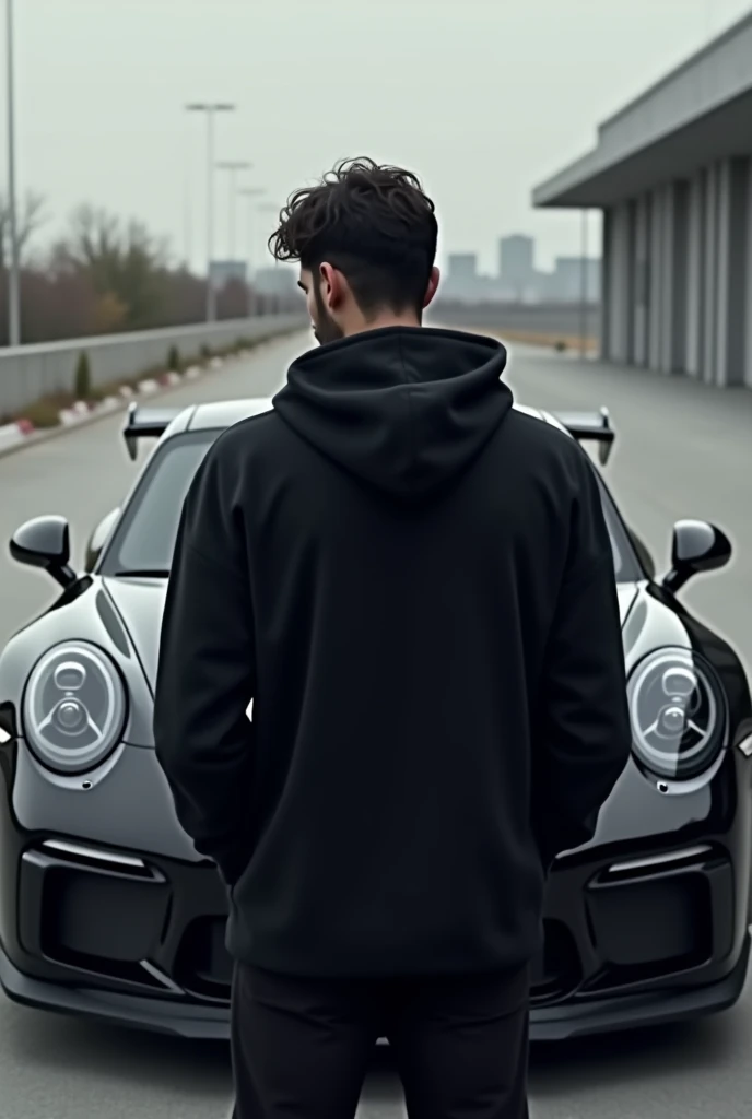 A man with his back turned and in front of him a Porsche GT3, o homem com um moletom preto head down, put him on his back, head down 