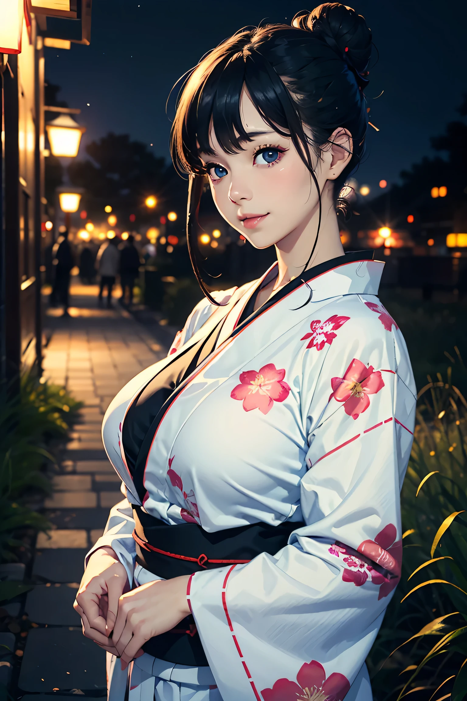 (masterpiece:1.2, Highest quality), (Realistic photos), Beautiful illustrations, (Natural side lighting, Cinema lighting),(1 girl), Japanese, 20-year-old female, Perfect Face, Symmetrical cute face, Glowing Skin、 (Black Hair、Bun Hair、nape undercut:1.2)、Dark blue eyes, (Huge breasts:1.1), Slender build、Beautiful Hair, Beautiful Face, Fine and beautiful eyes, Beautiful body, Beautiful breasts,(Floral Yukata),smile、Blushing、カウボーイショット、riverefly、night、Grassland