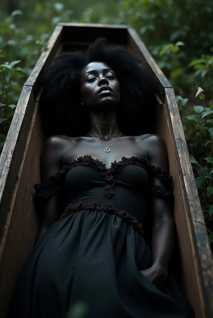 Beautiful black girl in a coffin, lying dead,