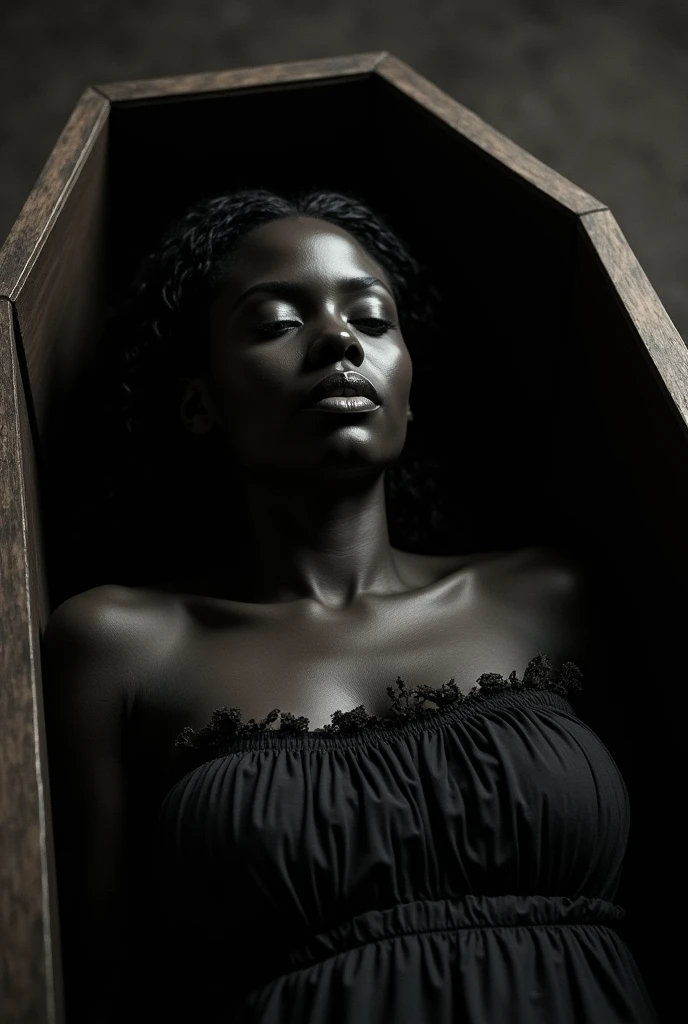 Beautiful black girl in a coffin, lying dead,