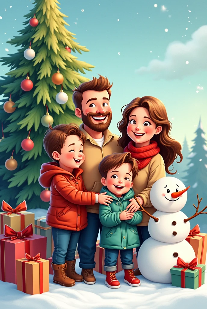 Draw a happy family at Christmas on Tyraz Line Art Cartoon Drawing High quality and detailed, behind them the Christmas tree and the gift and their body is completely clear in the picture with the addition of the snowman, all the elements are clearly and completely shown, all the elements are clear and complete 