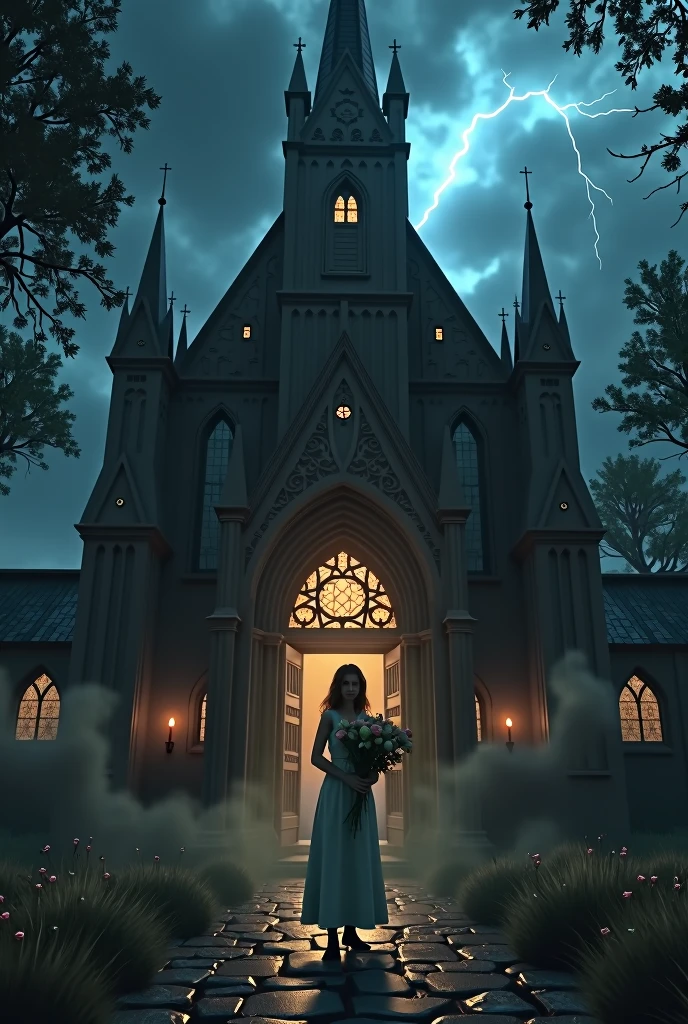 Dark church lit only by candles , rainy night with storms , trovoes, lightning strikes , realistic 3d drawing . macabre church , lightning strikes noiva na porta da igreja , afraid that something is wrong, troubled face , terror bouquet of roses you throw to the ground and leave