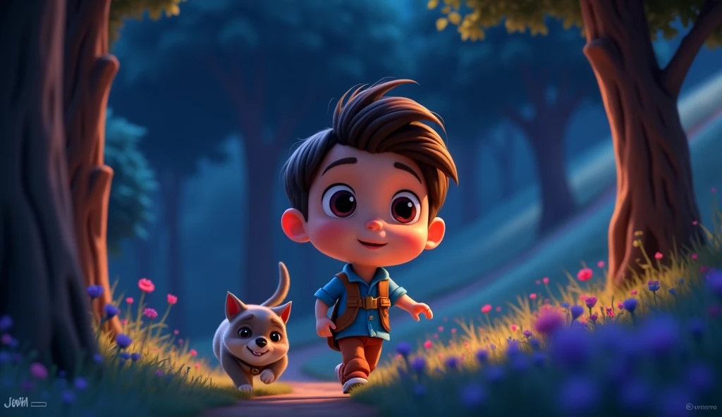 Lucas, a boy in a blue shirt, on an adventure with his dog Max