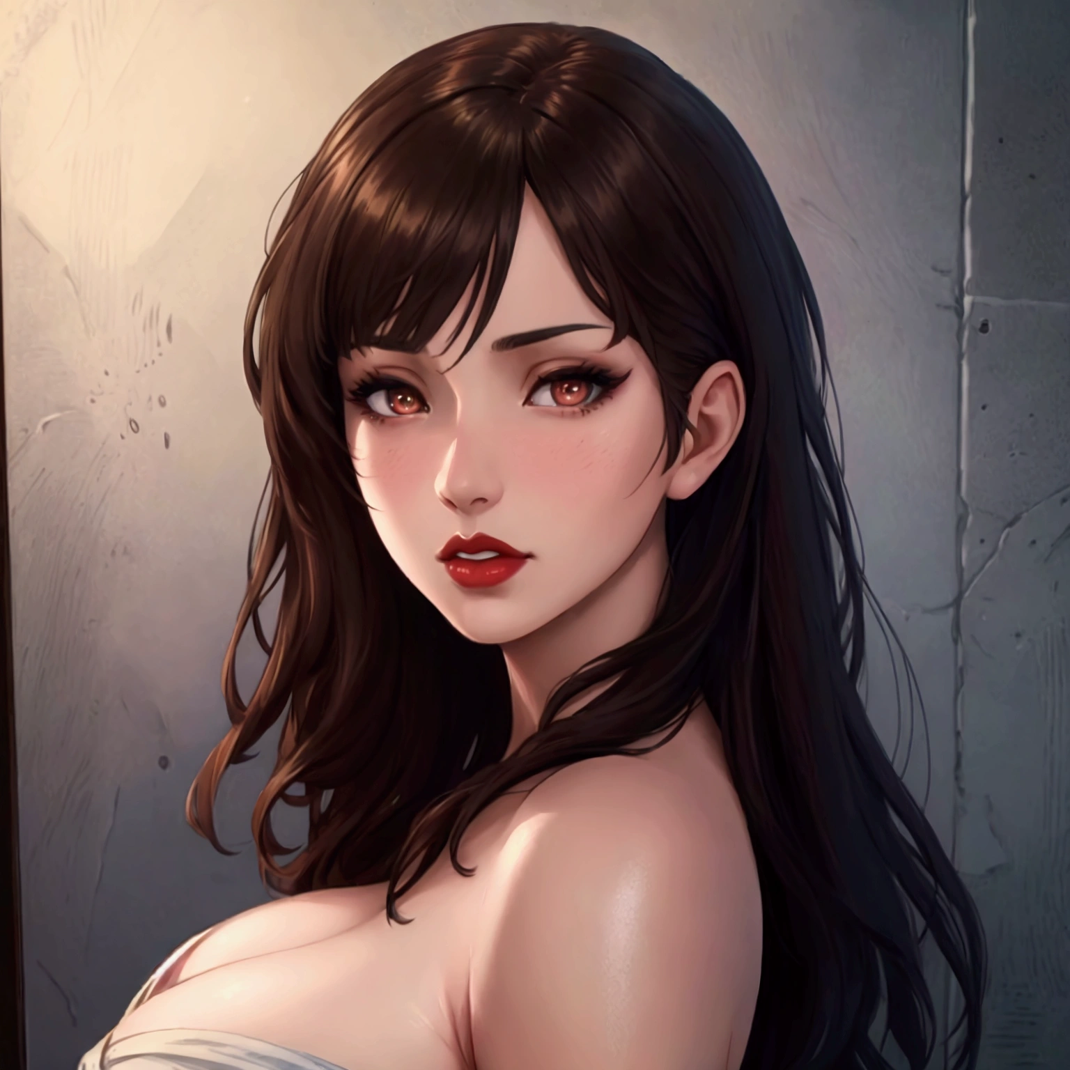 A beautiful anime-style portrait of a girl with dark brown hair and eyes, red lips, (best quality,4k,8k,highres,masterpiece:1.2),ultra-detailed,(realistic,photorealistic,photo-realistic:1.37),HDR,UHD,studio lighting,ultra-fine painting,sharp focus,physically-based rendering,extreme detail description,professional,vivid colors,bokeh