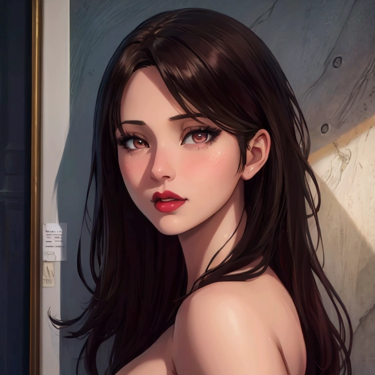 A beautiful anime-style portrait of a girl with dark brown hair and eyes, red lips, (best quality,4k,8k,highres,masterpiece:1.2),ultra-detailed,(realistic,photorealistic,photo-realistic:1.37),HDR,UHD,studio lighting,ultra-fine painting,sharp focus,physically-based rendering,extreme detail description,professional,vivid colors,bokeh