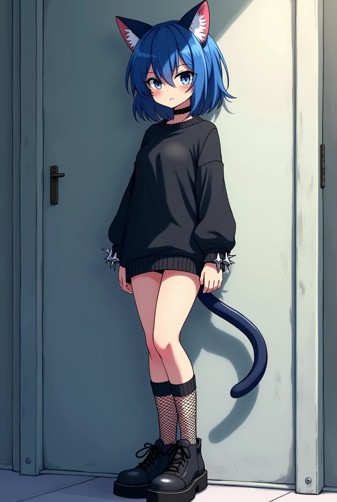 A anime cat girl. Shes standing up laying on a wall she has knee high net socks, black shoes, black sweater, Blue hair and blue cat ears, she has spiky wrist bracelets to. She looks like a baddie.