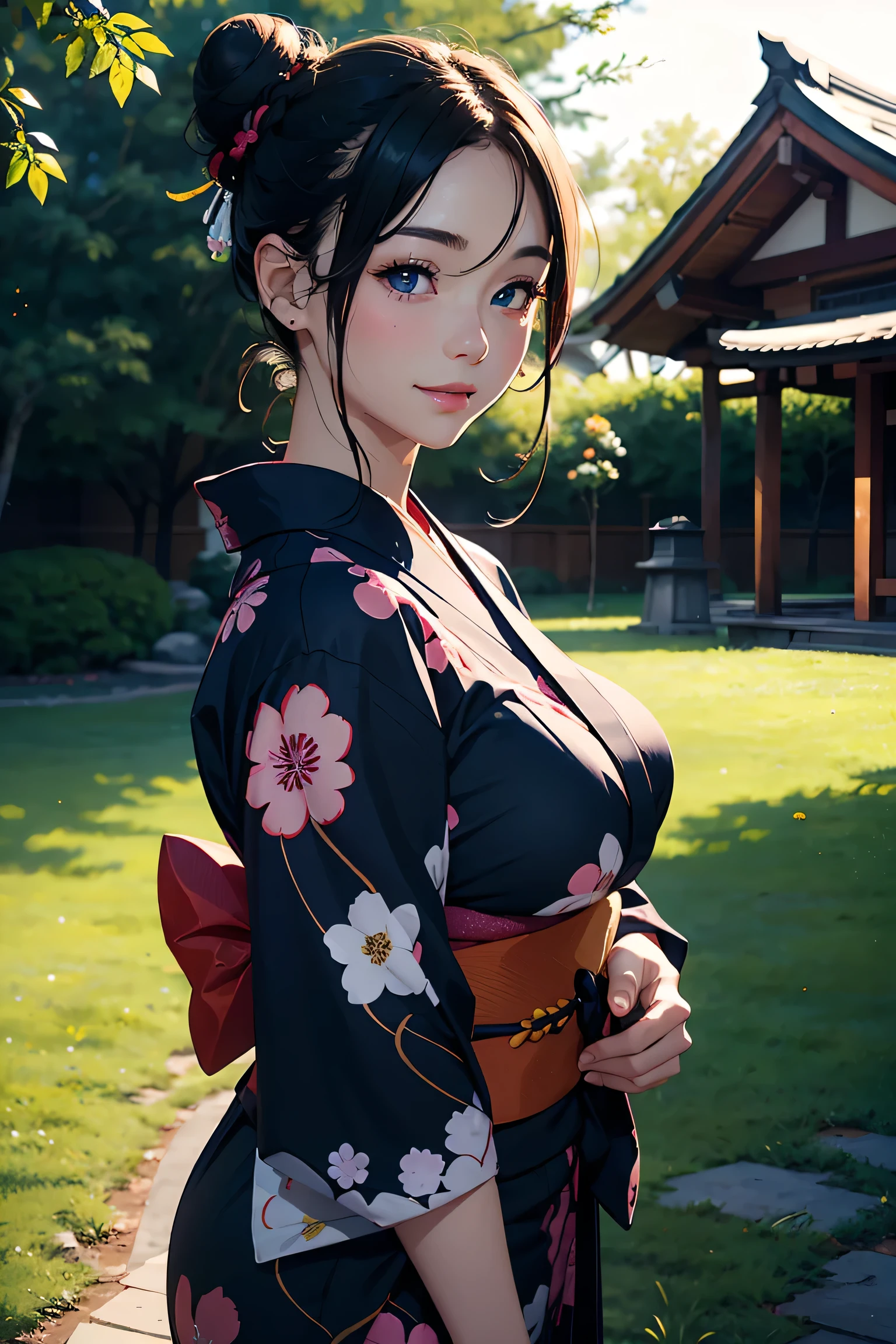(masterpiece:1.2, Highest quality), (Realistic photos), Beautiful illustrations, (Natural side lighting, Cinema lighting),(1 girl), Japanese, 20-year-old female, Perfect Face, Symmetrical cute face, Glowing Skin、 (Black Hair、Bun Hair、nape undercut:1.2)、Dark blue eyes, (Huge breasts:1.1), Slender build、Beautiful Hair, Beautiful Face, Fine and beautiful eyes, Beautiful body, Beautiful breasts,(Floral Yukata),smile、Blushing、カウボーイショット、riverefly、night、Grassland