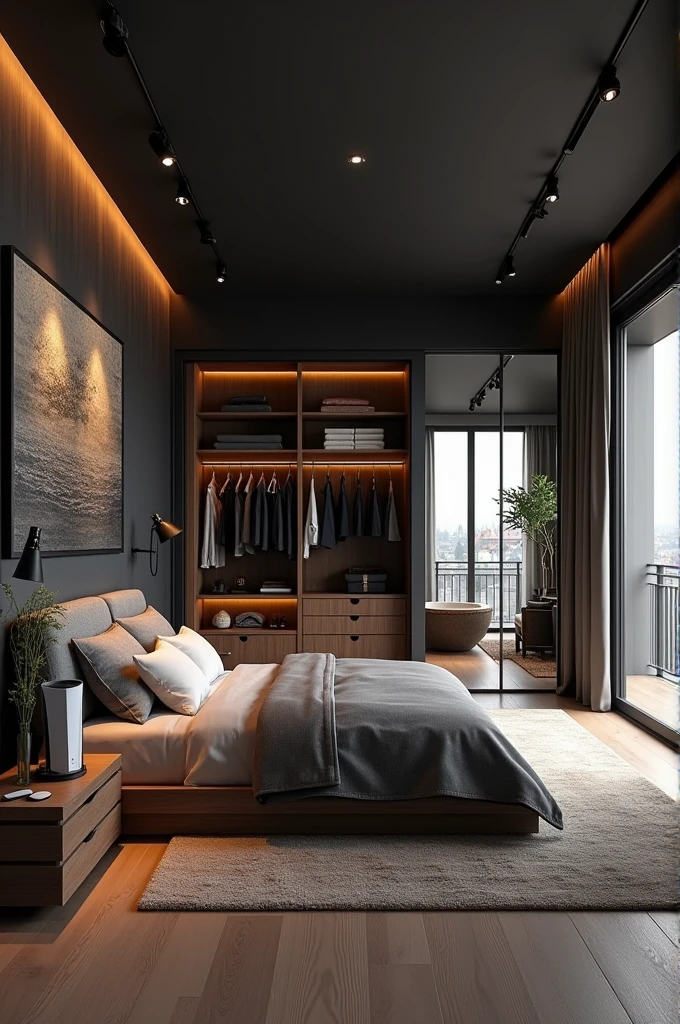 Make a stylish bedroom with black and wood colors, where you have a large closet next to the bed, In the front there is a TV with a PS5 and behind there is a large balcony and on the other side there is a bathroom.