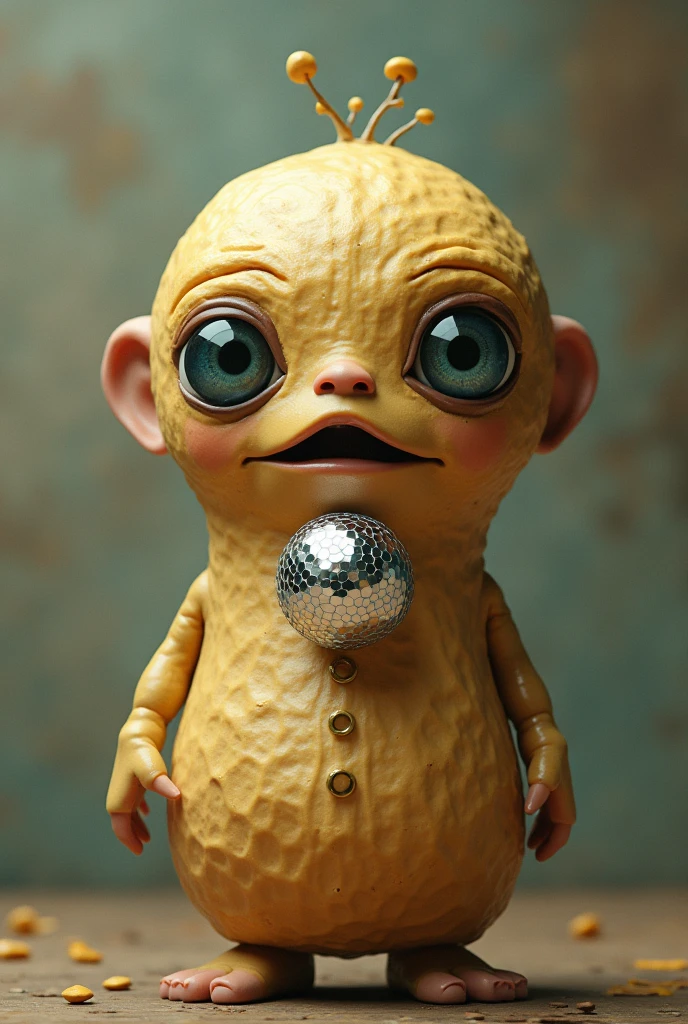 a peanut shaped head with mouths for eyes and eyes for nose and a disco ball for a mouth