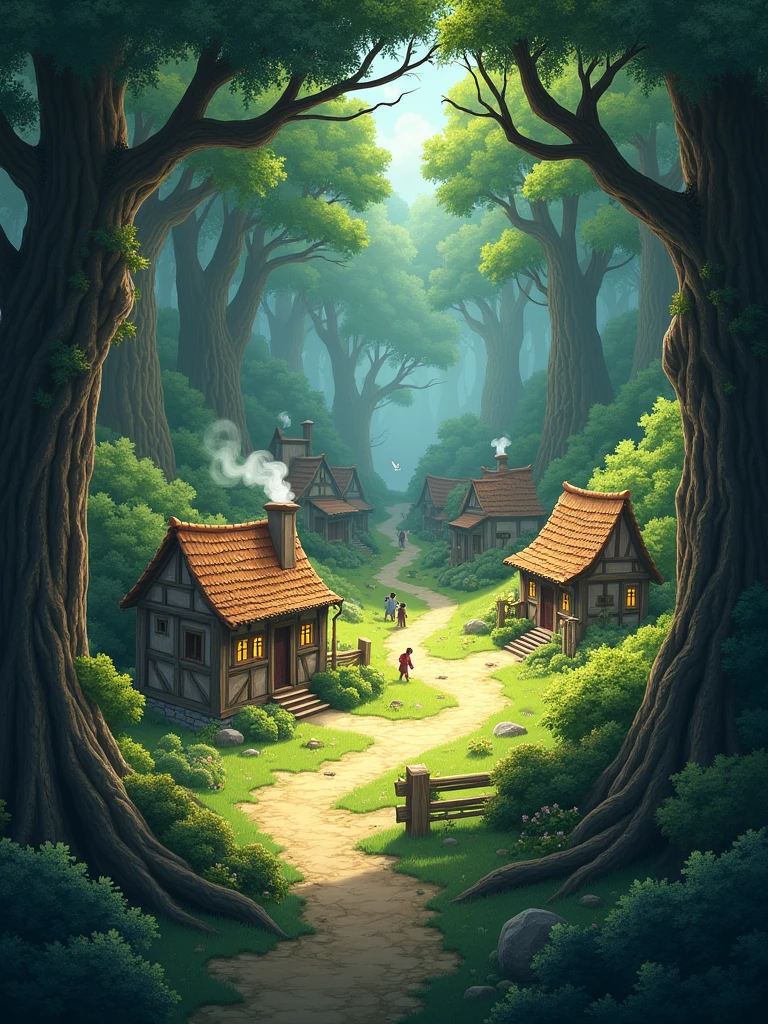 a small village in the heart of a dense forest - - ar16:9