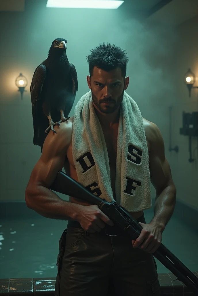 (photorealism:1.2) Karl Urban as Billy Butcher in a hot steam Bath wearing a Towel with „DSF“ printed in it, Holding a shotgun and having a Vulture on the shoulder