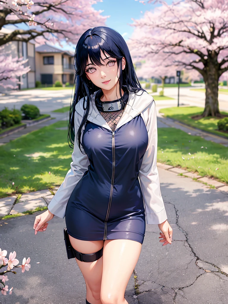 H1N4T4, 1 girl, hyuuga hinata, standing alone, (realisitic:0.5), work of art, standing alone, (best qualityer, perfect detailed, beautifully detailed Face, detailed eyes), shining bright, ray tracing, DOF, HDR, gradient eyes, sharp eyelash, ((eyelash)), mascara, detail_Face, eyelash, shiny hair, flerting, seductive ssmile, parted lips, breasts big, (soft particles floating:1.1), ((looking ahead at viewer)), (playmate pose:1.1), (whole body:1.1), ((8 k wallpaper)), ((high resolution)), long hair, Bblack hair, eye white, (tight, wet white panties:1.2), hand on hip, hooded cloak, bangss, whole body, standing, Blurry, looking ahead at viewer, long sleeves, ssmile, (grass field:1.4), (tree:1.2), (cherry blossom flower:1.3), (blue sky:1.3), (floor),