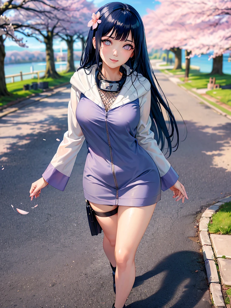H1N4T4, 1 girl, hyuuga hinata, standing alone, (realisitic:0.5), work of art, standing alone, (best qualityer, perfect detailed, beautifully detailed Face, detailed eyes), shining bright, ray tracing, DOF, HDR, gradient eyes, sharp eyelash, ((eyelash)), mascara, detail_Face, eyelash, shiny hair, flerting, seductive ssmile, parted lips, breasts big, (soft particles floating:1.1), ((looking ahead at viewer)), (playmate pose:1.1), (whole body:1.1), ((8 k wallpaper)), ((high resolution)), long hair, Bblack hair, eye white, (tight, wet white panties:1.2), hand on hip, hooded cloak, bangss, whole body, standing, Blurry, looking ahead at viewer, long sleeves, ssmile, (grass field:1.4), (tree:1.2), (cherry blossom flower:1.3), (blue sky:1.3), (floor),