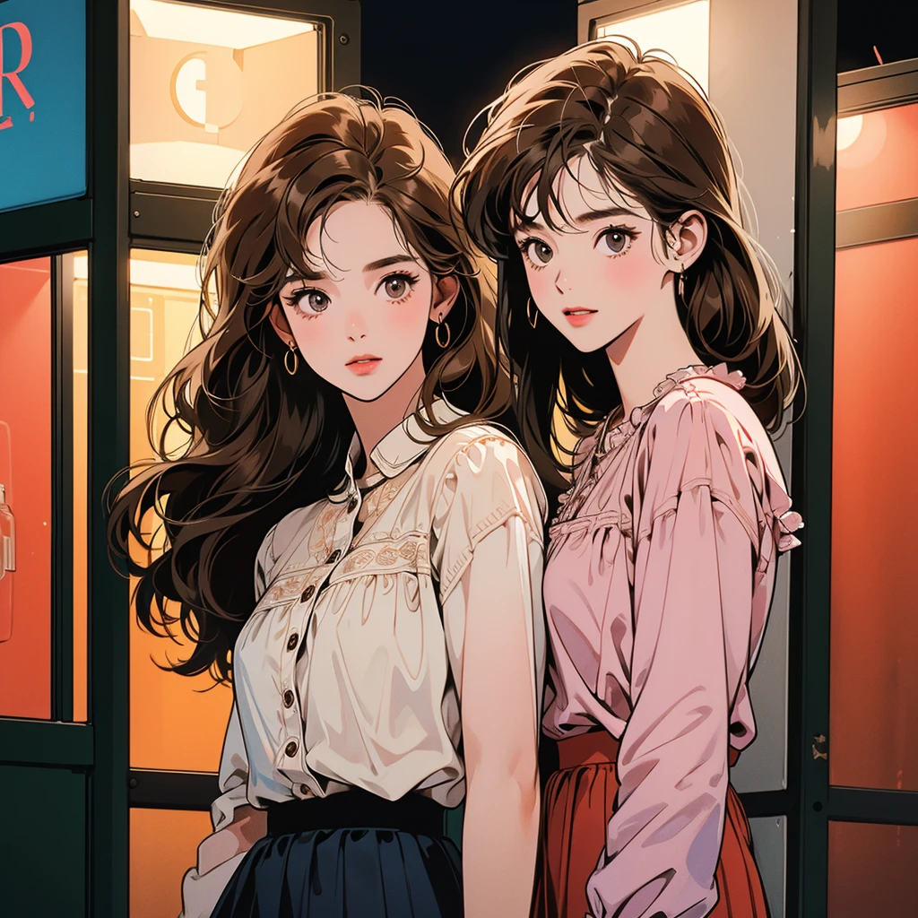 whole body、Friendly faces、1 pretty girl、blouse、skirt、phone booth、night、complex background、detailed hair、light brown hair、dim lighting