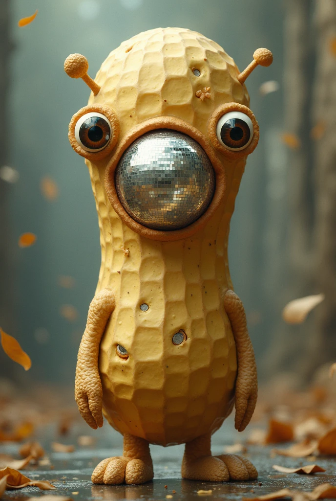 a peanut shaped head with mouths for eyes and eyes for nose and a disco ball for a mouth