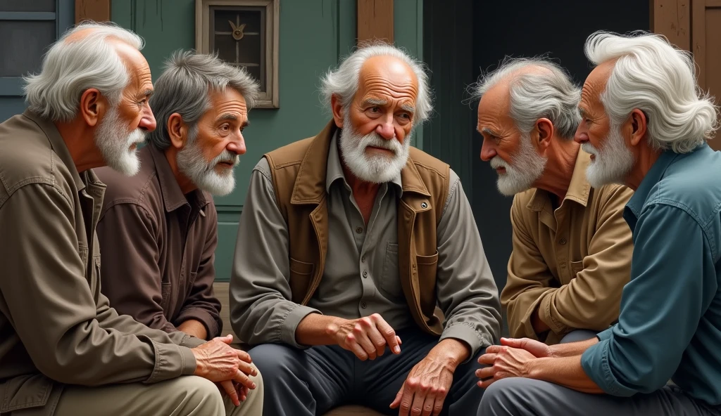 Illustrate an old man with a weary expression talking with his old guys friends