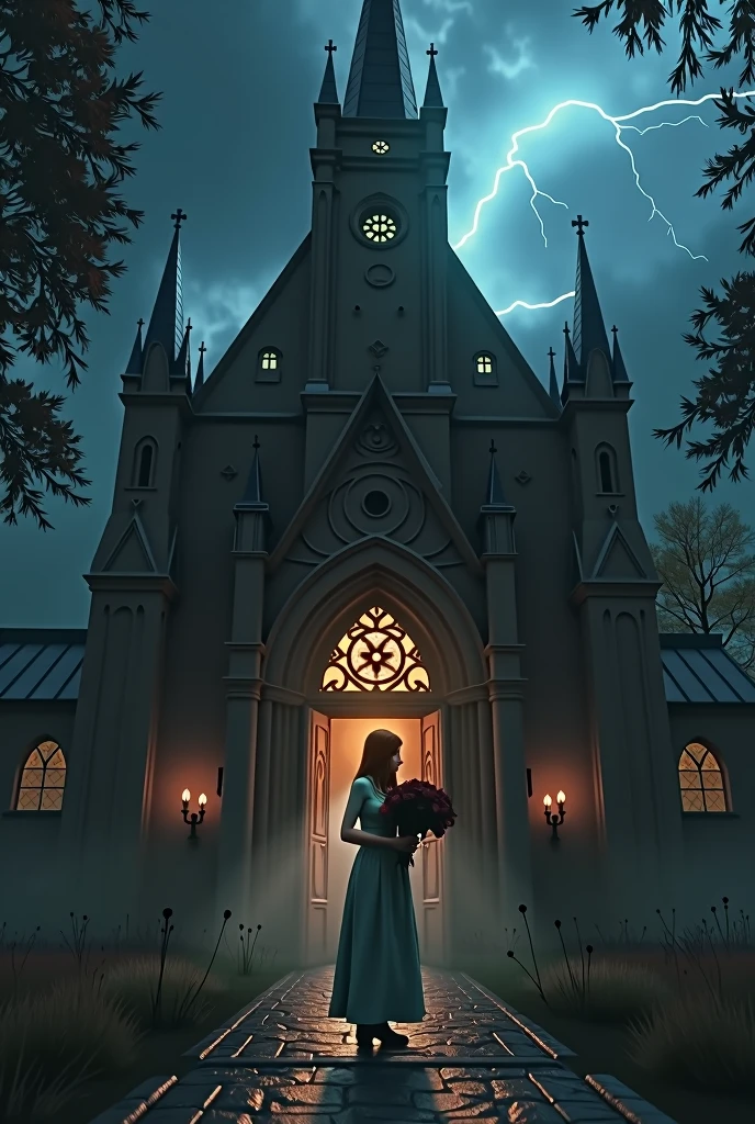 Dark church lit only by candles , rainy night with storms , trovoes, lightning strikes , realistic 3d drawing . macabre church , lightning strikes noiva na porta da igreja , afraid that something is wrong, troubled face , terror bouquet of roses you throw to the ground and leave