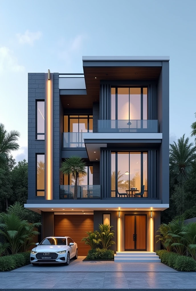 Create a photorealistic image of a modern eight-story building facade, consisting of two semi-detached units. The design is sophisticated and contemporary, with straight lines and a combination of contemporary materials. The facade is dominated by two illuminated golden columns that stand out, creating a feeling of luxury. At the center, there is a main entrance with a minimalist design metal gate, combining dark gray with white details. The wide windows are framed by white sills with greenery, and the front garden is discreetly decorated with tropical plants, like palm trees and shrubs. In front of the building, there is a white modern car leaving the parking lot on the first floor of the building, which is covered with tiles in shades of gray. The surrounding scenery includes tall trees and lush vegetation., with a clear blue sky and few clouds, creating a peaceful and elegant residential environment