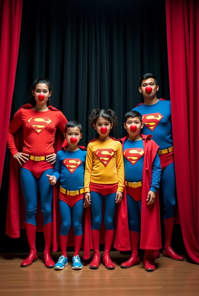 A group of 5 ordinary people, with Peruvian features between 8 and 60 years old, dressed as superman with a cape, They wear a colorful shirt, They wear a small red Clown nose , They are standing in the middle of a theatre stage with the curtain open., doing different positions 