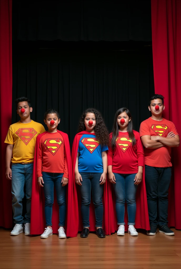 A group of 5 ordinary people, with Peruvian features between 8 and 60 years old, dressed as superman with a cape, They wear a colorful shirt, They wear a small red Clown nose , They are standing in the middle of a theatre stage with the curtain open., doing different positions 