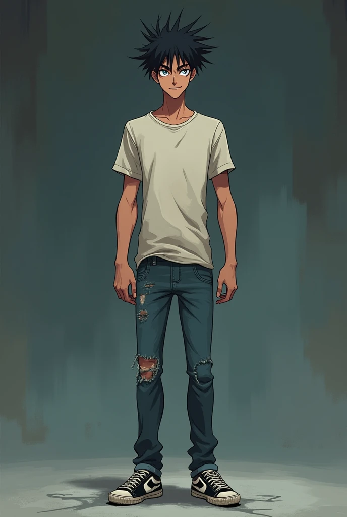 a lanky 4 man with wild, straight, short dark hair and piercing, narrowed blue-grey eyes, raised eyebrows, and a knowing smirk, wearing a faded, ironic t-shirt, ripped jeans, and scuffed sneakers, exuding a tired, intelligent air, anime