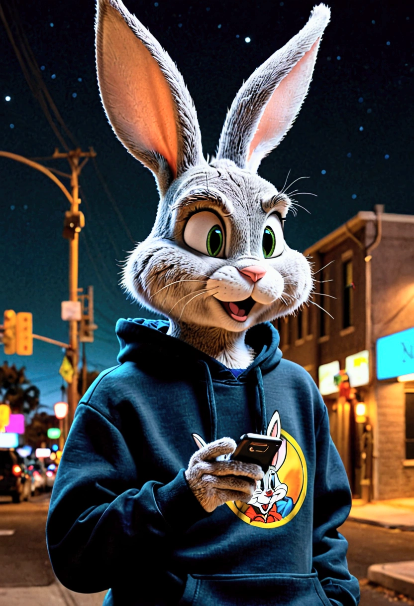 Bugs Bunny character using his cell phone sideways with a dark sweatshirt at night