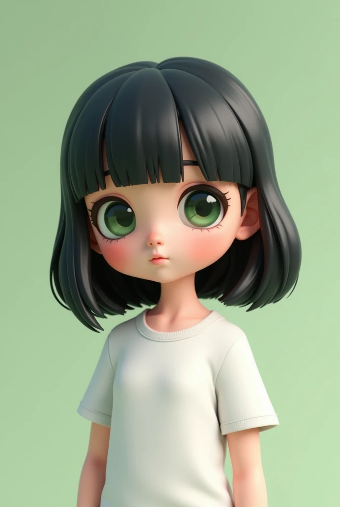 Cute with medium-length dark hair with straight bangs, green eyes, wearing long plain white tshirt, with nea, 3D Rendering, solid color background, specific, chibi anime, surrealism, cartoon style, full-body shot, super detail, anatomically correct, masterpiece, precise, 
