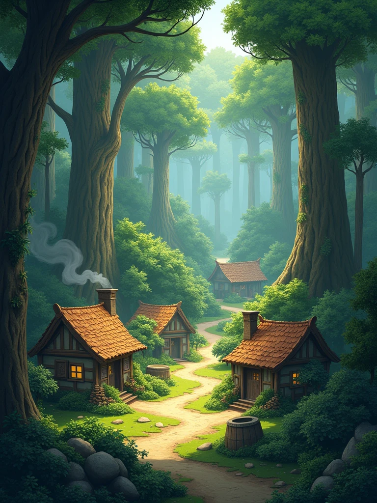 a small village in the heart of a dense forest - - ar16:9