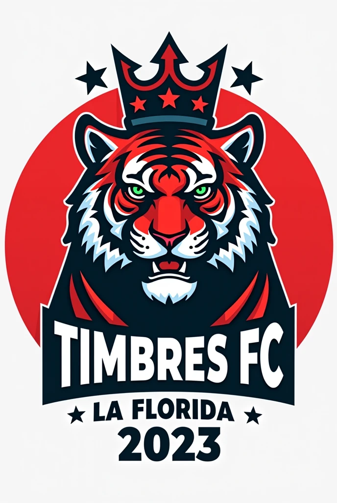 A sports logo with a bold, circular red design featuring the  head of a tiger in the center. About the tiger, There is a stylized crown with two stars flanking it., which adds a regal touch. Under the tiger&#39;s head, The text &#39;Timbres FC&#39; is prominently displayed in bold, black letters, followed by the location &#39;La Florida&#39; in a smaller, more modern font. The logo also includes the year &#39;2023&#39; at the bottom. The overall design conveys strength and pride, with a color scheme domina red, blue and green.