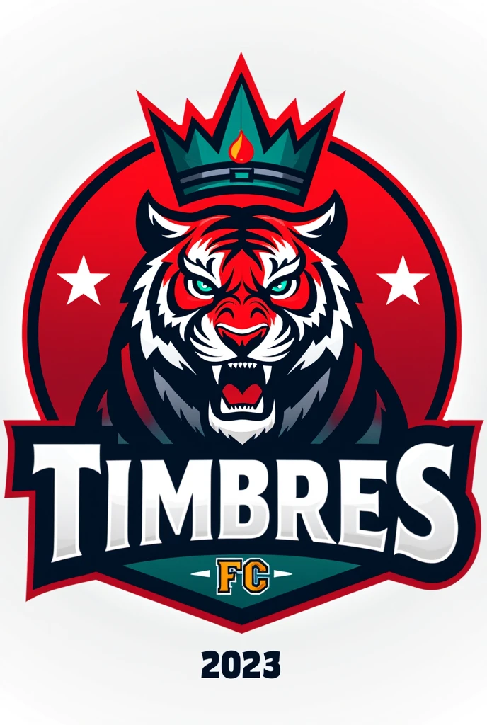 A sports logo with a bold, circular red design featuring the fierce head of a tiger in the center. About the tiger, There is a stylized crown with two stars flanking it., which adds a regal touch. Under the tiger&#39;s head, The text &#39;Timbres FC&#39; is prominently displayed in bold, black letters, followed by the location &#39;La Florida&#39; in a smaller, more modern font. The logo also includes the year &#39;2023&#39; at the bottom. The overall design conveys strength and pride, with a color scheme dominated by red, blue and green.
