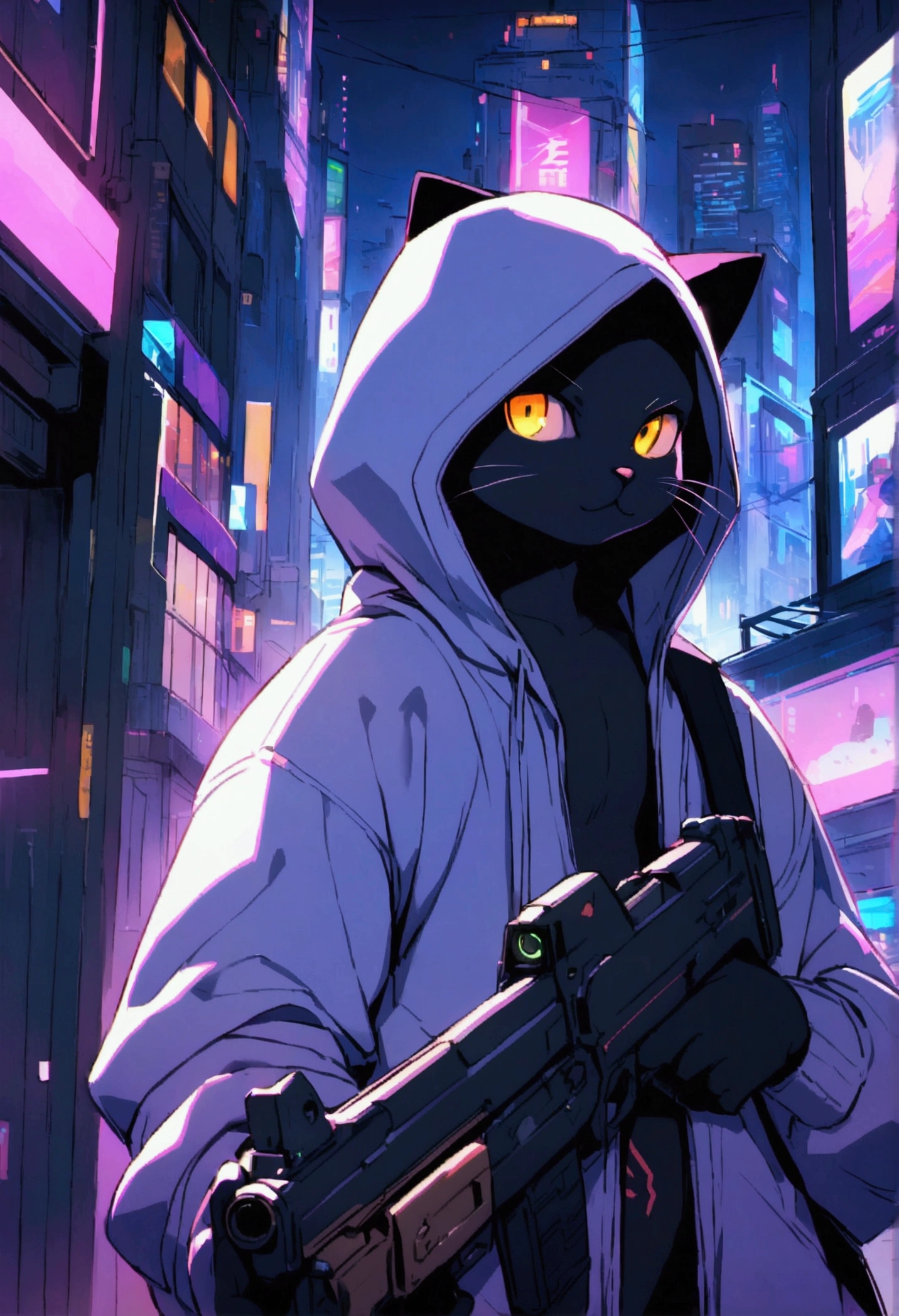 A black cat wearing white hoodie and holding guns on cyberpunk city with city light at night