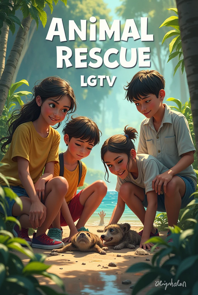 Create an image that is related to 4 agers Rescuing animals with a phrase on the image that says animal rescue lgtv more
