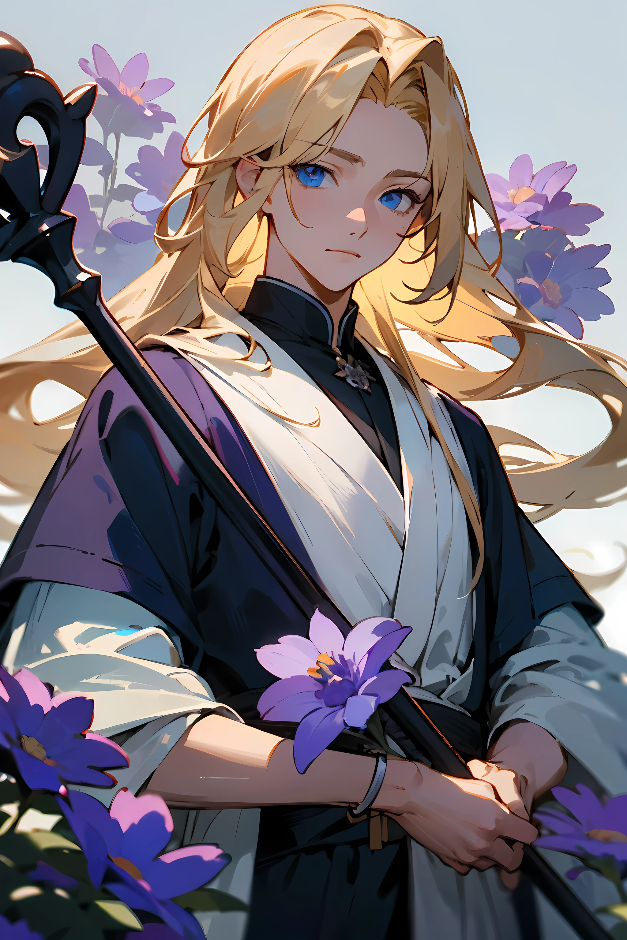 ((best quality)), ((masterpiece)), (detailed), Male, long hair, blonde hair, blue eyes, holding staff, black and white clothes, purple flowers, young, attractive, innocent, naive looking