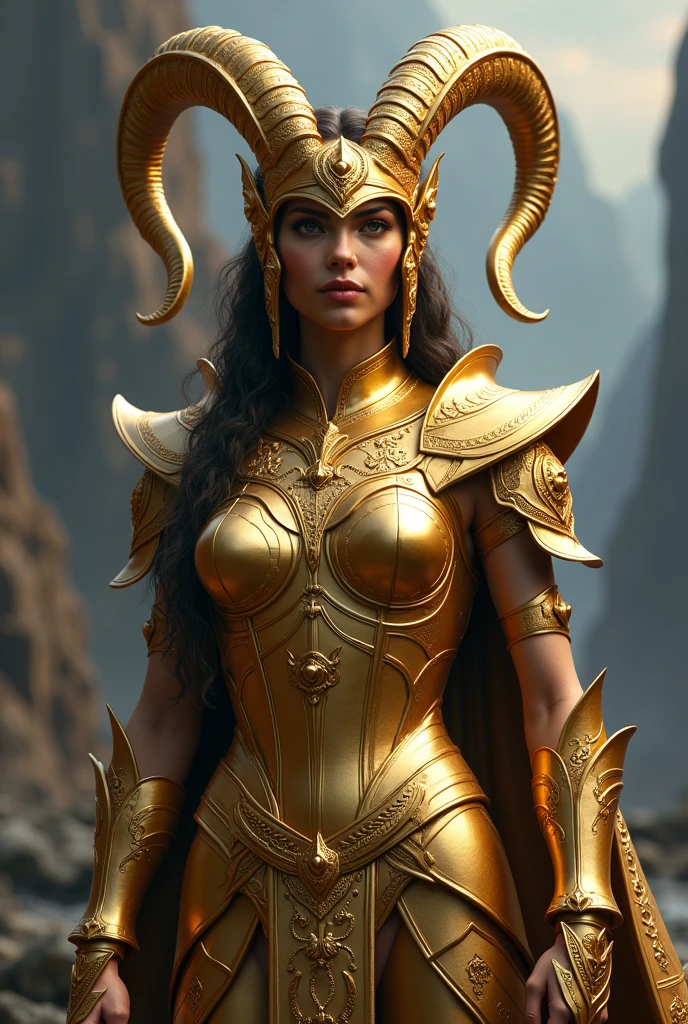 Create an image of the Capricorn Golden Amazon, a character inspired by Greek mythology with a detailed and majestic armor style. The armor is golden, with intricate patterns reminiscent of the constellations and symbols of Capricorn. Include details like a goat-horned helmet and a stylish cape. The Amazon must have a confident and serene expression, reflecting his wisdom and strength. The background can be a mystical scenery with mountains and stars, evoking a sense of grandeur and mystery