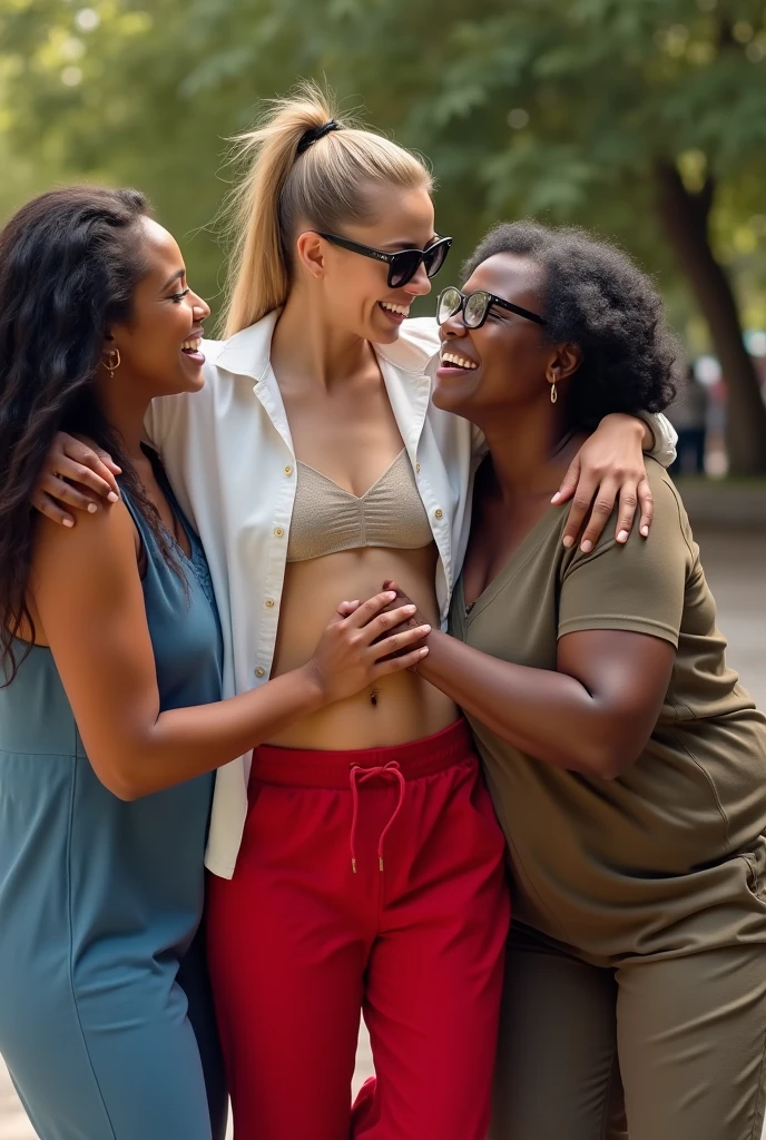 Create a photo of a 30 year old young woman, with long light hair tied in a ponytail with a lock of hair on the face, slender and beautiful body, wearing red sweatpants and an open white shirt without a bra with bare breasts, wearing sunglasses, with white and clear skin, is facing the camera being hugged and lifted up with her legs in the air by two elderly black ladies, dark-skinned, obese, with short hair who is wearing a blue dress and glasses