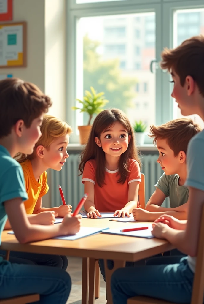 HORIZONTAL IMAGE, lying down, Don't make it vertical, of the students in an activity with the teacher. I REPEAT, or do it VERTICAL NO