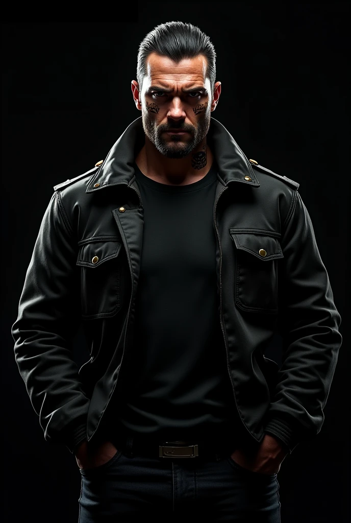 A 2 man with a skull tattoo on his face, his hair is slicked back in a military style. He is wearing a black jacket and black pants, and is looking straight ahead. The image is set against a black background, reminiscent of a Grand Theft Auto style artwork.