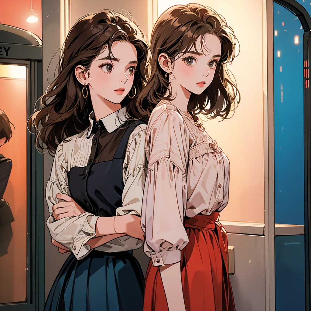 whole body、Friendly faces、1 pretty girl、blouse、skirt、phone booth、night、complex background、detailed hair、light brown hair、dim lighting