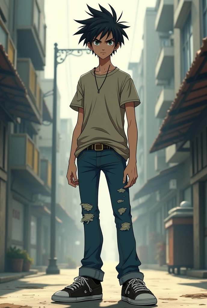 a lanky 4 man with wild, straight, short dark hair and piercing, narrowed blue-grey eyes, raised eyebrows, and a knowing smirk, wearing a faded, ironic t-shirt, ripped jeans, and scuffed sneakers, exuding a tired, intelligent air, anime
