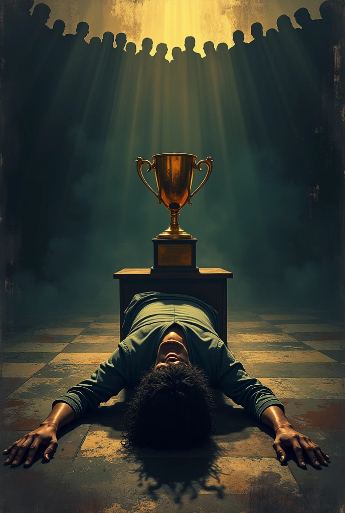 I want a vertical poster that represents a competition where there is corruption. The protagonist will be falling face down. In the middle of the composition there will be a trophy and at the top a group of people gathered together in a darker tone.
