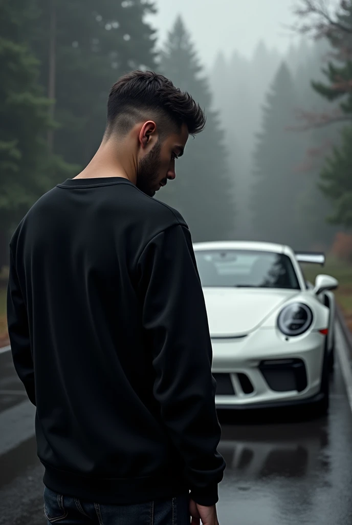A man with his back turned and in front of him a Porsche GT3, the man in a black sweatshirt with his head down, put him on his back, low fade haircut