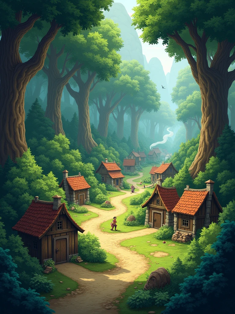 a small village in the heart of a dense forest - - ar16:9