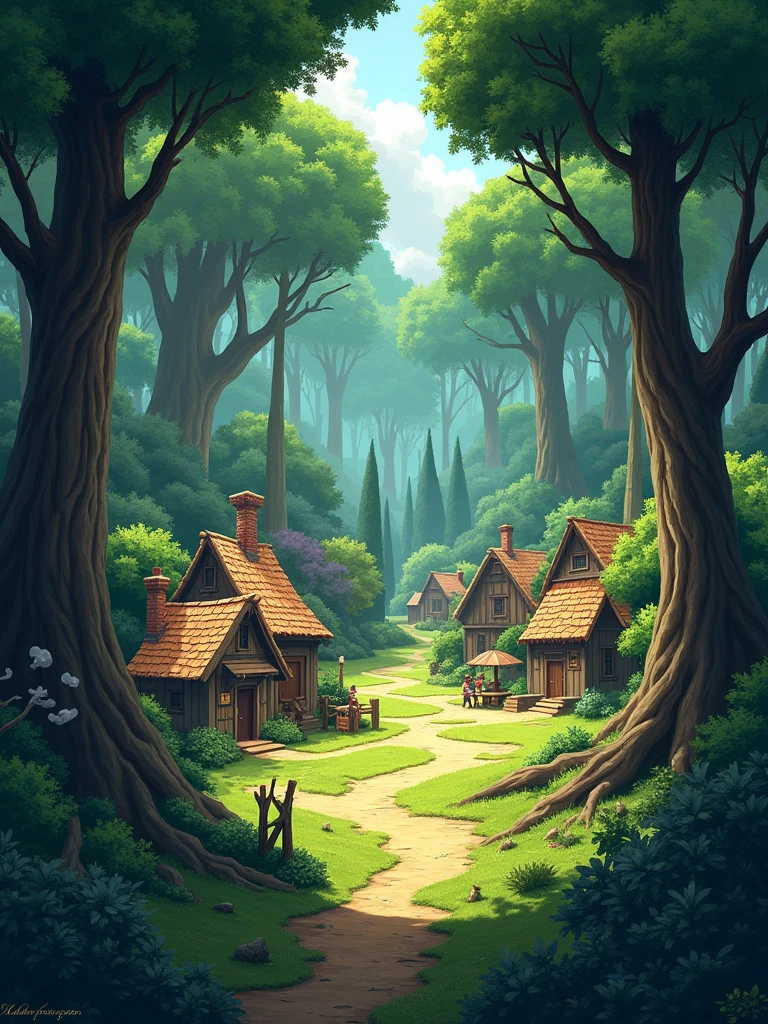 a small village in the heart of a dense forest - - ar16:9