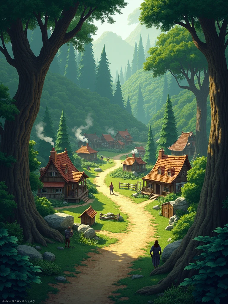 a small village in the heart of a dense forest - - ar16:9