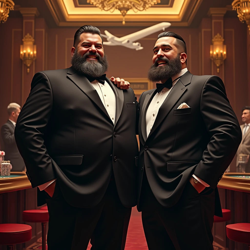 Two bearded and fat online casino gambling friends in a casino setup with references to airplanes, with clothes like the great mafiosos of England, with showing their wisdom, natural earnings and laughter of billionaire extroverted personalities.