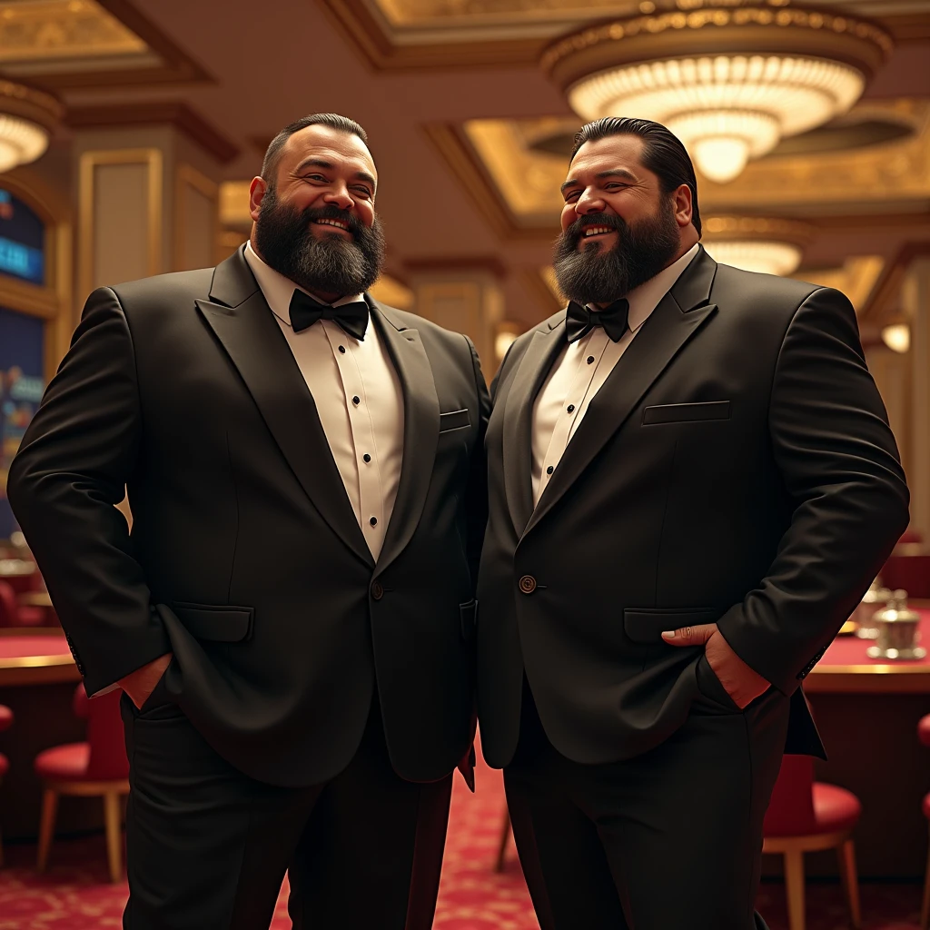 Two bearded and fat online casino gambling friends in a casino setup with references to airplanes,  with clothes like the great mafiosos of England, with showing their wisdom, natural earnings and laughter of billionaire extroverted personalities.