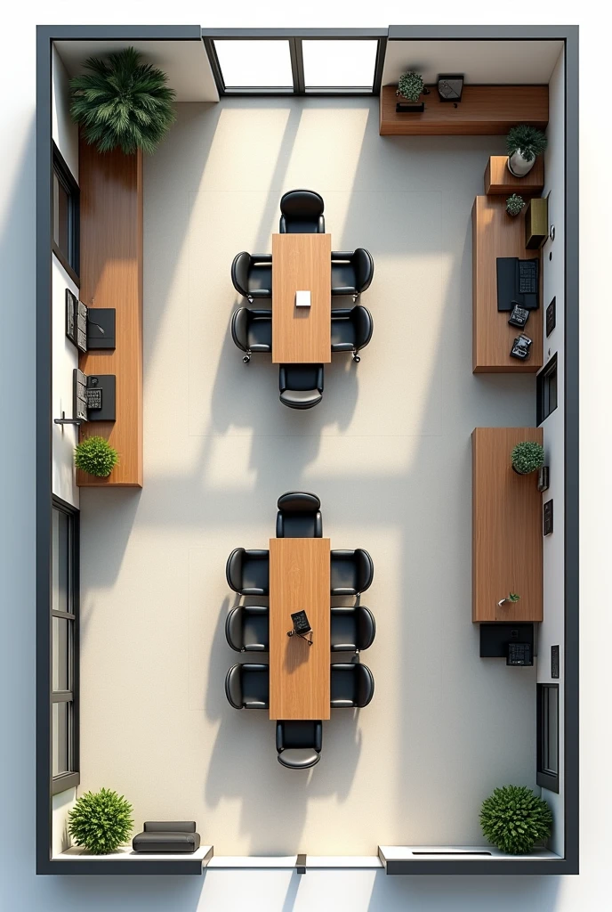 I need a floor plan for a company office. This plan should contain a meeting room, and the chairs must be black